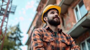 ai generato un' uomo, un' lavoratore, un' costruttore di professione, nel un' uniforme e un' casco. ai generato foto