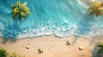 azzurro costa di il oceano con palma alberi, sabbia, Surf e conchiglie. ai generato foto