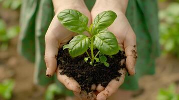 ai generato umano palme hold suolo con un' verde piccolo pianta come un' concetto per attività commerciale sviluppo. ai generato foto