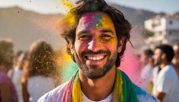 ai generato ritratto di smiley uomo nel holi polvere generato Immagine foto