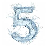 ai generato numero 5 fatto a partire dal acqua schizzi. spettacolare numero cinque e un' spruzzo di chiaro acqua. digitale avvicinamento su bianca sfondo nel acqua spray. foto