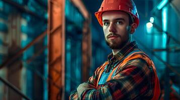 ai generato un' uomo, un' lavoratore, un' costruttore di professione, nel un' uniforme e un' casco. ai generato foto