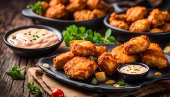 ai generato fritte pepite di pollo Seno con salsa foto