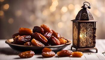 ai generato Ramadan lampada e date ancora vita foto