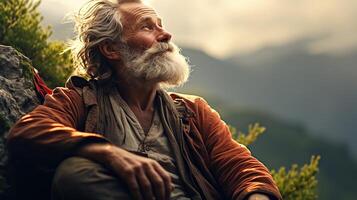 ai generato anziano contento ispirato grigio barbuto e lungo dai capelli uomo seduta e con calma respirazione pulito aria nel un' montagna valle foto