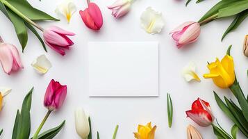 ai generato colorato tulipani su bianca sfondo con vuoto Nota carta nel centro foto