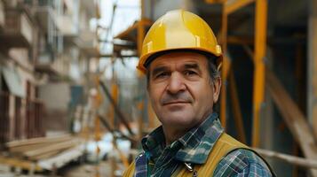 ai generato un' uomo, un' lavoratore, un' costruttore di professione, nel un' uniforme e un' casco. ai generato foto