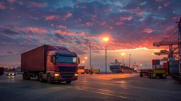 ai generato camion trailer su il molo nel il carico porta terminale con gru e contenitori. ai generato foto