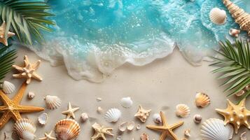 ai generato azzurro costa di il oceano con palma alberi, sabbia, Surf e conchiglie. ai generato foto