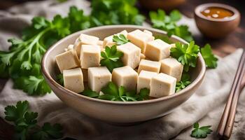 ai generato tofu cubi nel ciotola e prezzemolo foto