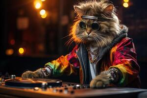 ai generato carino soffice gatto dj nel un' luminosa giacca e il giro occhiali da sole giochi musica su un' miscelazione consolle a un' delirio festa foto