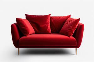 ai generato rosso brillante velluto divano con un' cuscino isolato su bianca sfondo foto