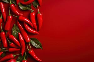 ai generato rosso chili peperoni telaio su rosso sfondo superiore Visualizza, modello con copia spazio foto