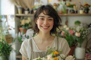 ai generato sorridente giovane caucasico donna fioraio con corto capelli con un' mazzo nel un' leggero interno di fiore negozio foto