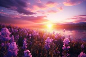 ai generato bellissimo panoramico paesaggio di Alba al di sopra di un' campo di fioritura viola fiori su il fiume banca foto