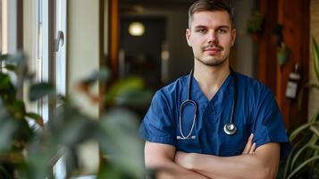 ai generato ritratto di un' maschio medico lavoratore con un' stetoscopio. ai generato foto