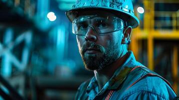 ai generato ritratto di un' Lavorando uomo nel un' uniforme e un' difficile cappello. ai generato foto