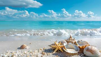 ai generato azzurro costa di il oceano con palma alberi, sabbia, Surf e conchiglie. ai generato foto