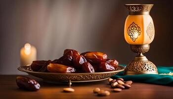 ai generato Ramadan lampada e date ancora vita foto
