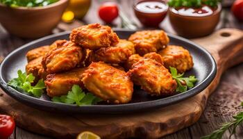 ai generato fritte pepite di pollo Seno con salsa foto