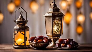 ai generato Ramadan lampada e date ancora vita foto