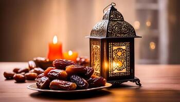 ai generato Ramadan lampada e date ancora vita foto