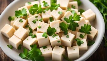 ai generato tofu cubi nel ciotola e prezzemolo foto