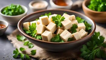 ai generato tofu cubi nel ciotola e prezzemolo foto