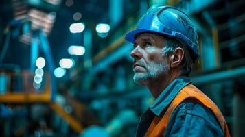 ai generato ritratto di un' Lavorando uomo nel un' uniforme e un' difficile cappello. ai generato foto