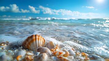 ai generato azzurro costa di il oceano con palma alberi, sabbia, Surf e conchiglie. ai generato foto