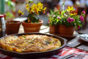 ai generato appena preparato spagnolo tortilla frittata con vivace fiori nel un' soleggiato campagna ambientazione foto