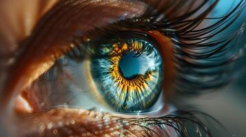 ai generato umano occhio avvicinamento, allievo e iris. ai generato foto