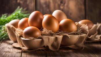 ai generato Marrone pollo uova su di legno tavolo foto