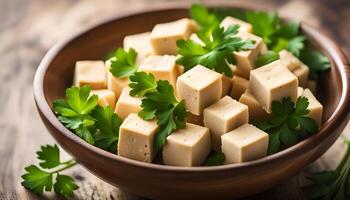 ai generato tofu cubi nel ciotola e prezzemolo foto