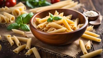 ai generato crudo penne pasta nel di legno ciotola foto