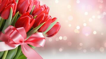 ai generato mazzo di rosso tulipani con rosa nastro foto