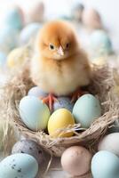 ai generato piccolo pollo seduta nel nido di uova foto