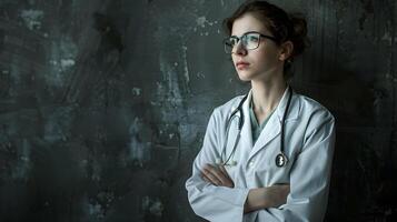 ai generato ritratto di un' femmina medico lavoratore con un' stetoscopio. ai generato foto
