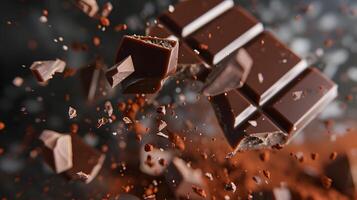 ai generato dolce buio cioccolato bar rotto in pezzi. ai generato foto