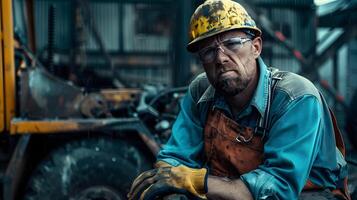 ai generato ritratto di un' Lavorando uomo nel un' uniforme e un' difficile cappello. ai generato foto