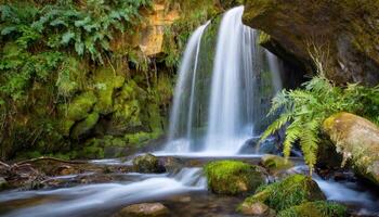 ai generato lungo esposizione di bellissimo cascata nel foresta foto