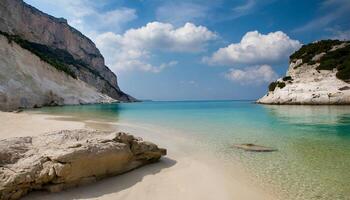 ai generato bianca sabbia spiaggia e blu mare con chiaro cieli foto