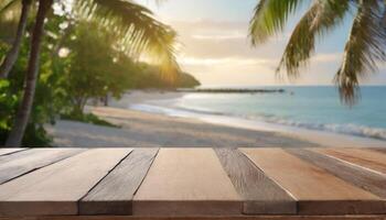 ai generato vuoto legna tavolo per Prodotto presentazione e sfocato natura sfondo nel il spiaggia foto