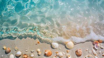 ai generato azzurro costa di il oceano con palma alberi, sabbia, Surf e conchiglie. ai generato foto