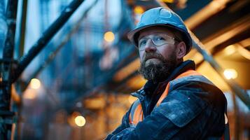 ai generato ritratto di un' Lavorando uomo nel un' uniforme e un' difficile cappello. ai generato foto