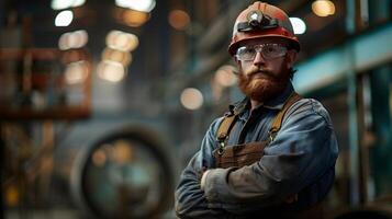 ai generato ritratto di un' Lavorando uomo nel un' uniforme e un' difficile cappello. ai generato foto