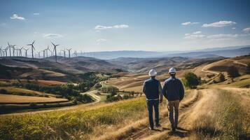 ai generato ingegneri nel protettivo copricapo ispezionando vento turbine con rotolamento colline come un' sfondo, evidenziazione il fiorente vento energia settore. foto