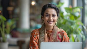 ai generato ritratto di un' bellissimo giovane donna Lavorando utilizzando computer il computer portatile concentrato e sorridente foto