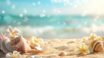 ai generato mare conchiglie e stella marina su sabbia su il sabbioso spiaggia. estate sfondo foto