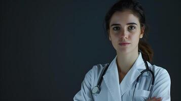 ai generato ritratto di un' femmina medico lavoratore con un' stetoscopio. ai generato foto